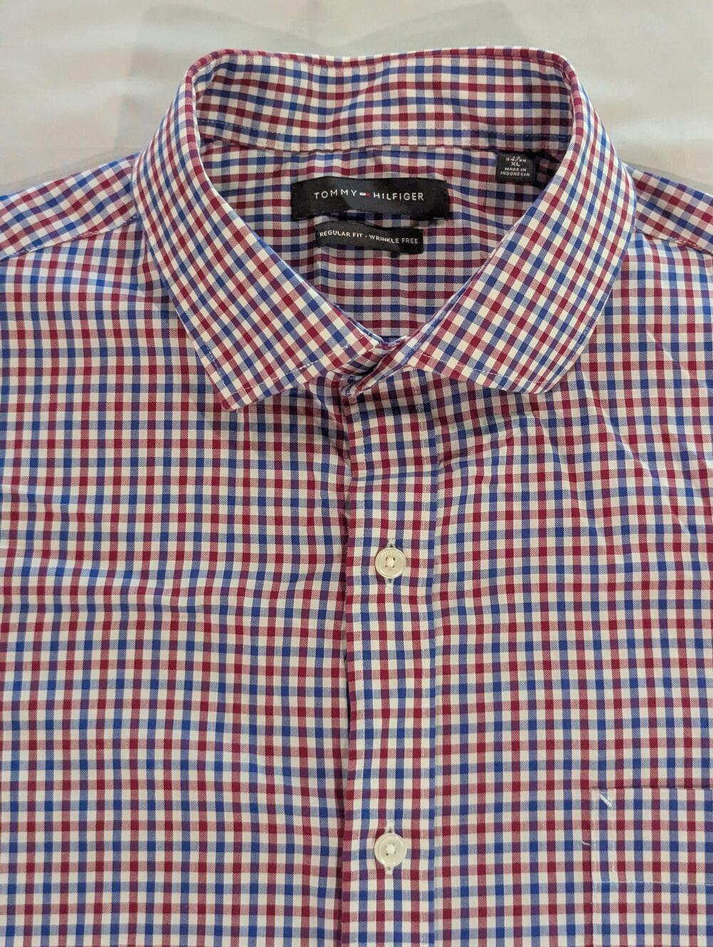 Tommy Hilfiger Dress Shirt Mens 17 34/35 XL Red Gingham Regular Fit Non Iron LS